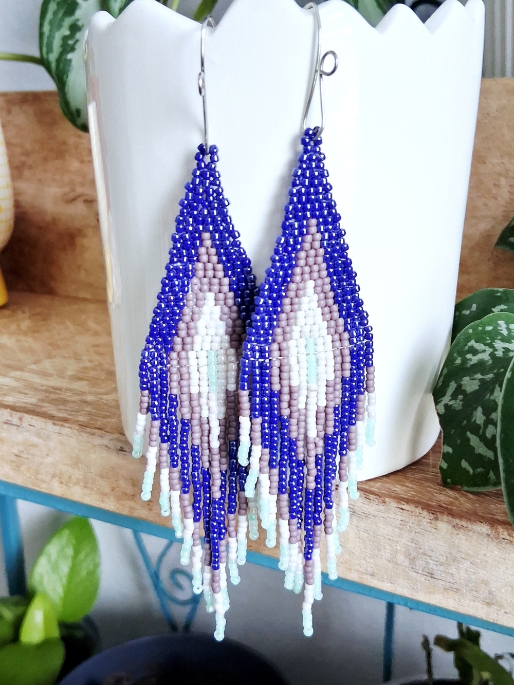 BOGO EARRUNGS - Blue and Mint Beaded Fringe Earrings 5.5"
